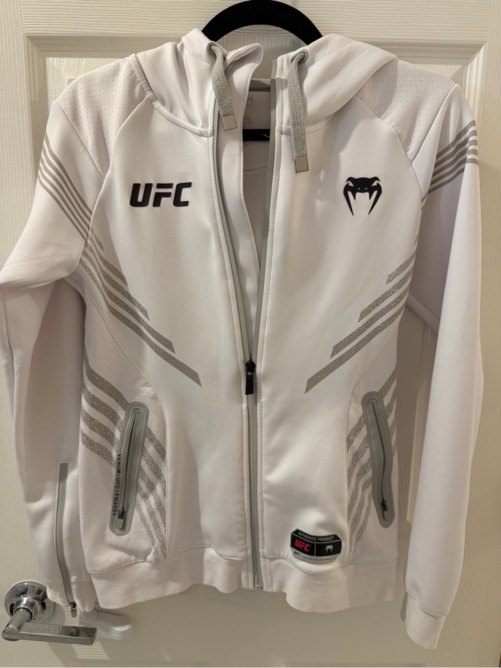 UFC White Hooded Zip Jacket with Gray Accents